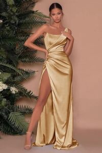 Draped satin gown with a thigh-high slit