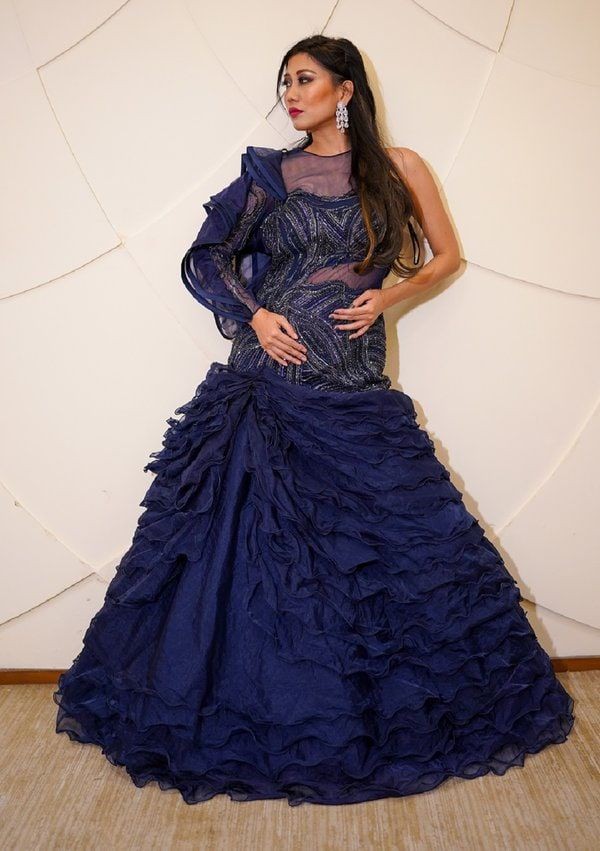 Navy Blue Gown With Ruffles
