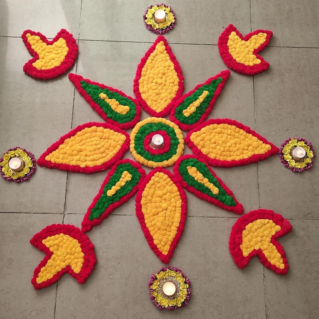 A handmade floral rangoli