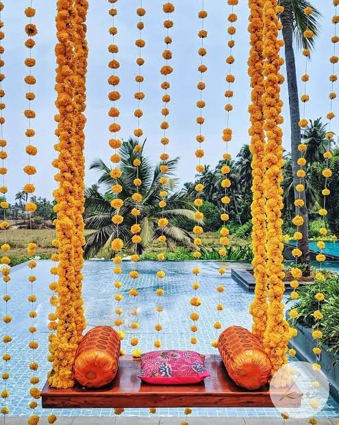 Mehendi decoration with marigolds